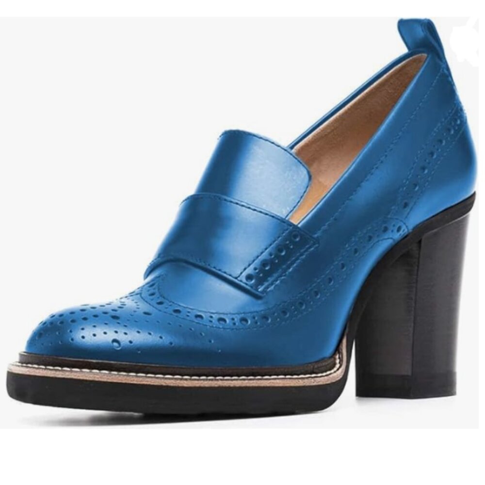 YDN Blue Leather Brogue Block Heel Loafer